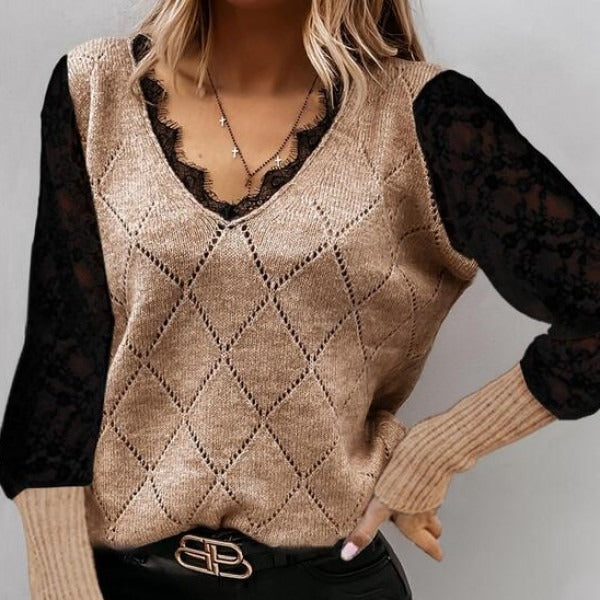 Damen - Sweatshirt mit Spitzenbesatz und V-Ausschnitt - Strick Mischung - Bequeme für stilvolle Freizeitlooks