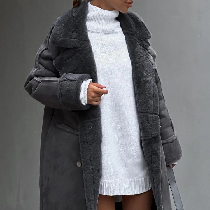 Damen - Übergroßer Mantel - Kunstfell - Knielang und stylisch - Perfekte Winterjacke für kalte Tage