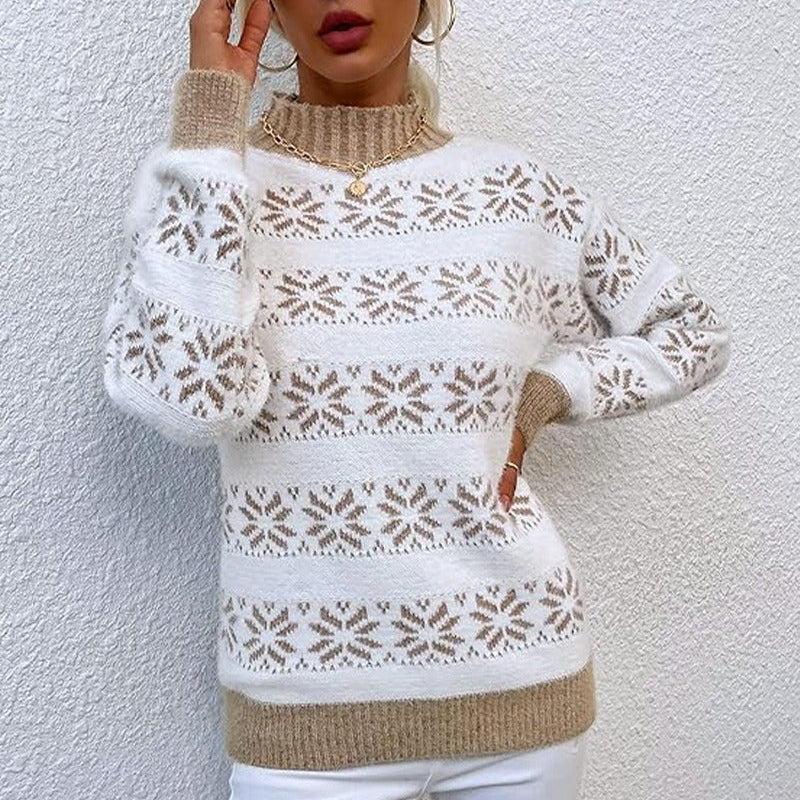 Damen - Strickpullover - Wollmischung - Schneeflockenmuster - Bequem und stilvoll für kalte Tage