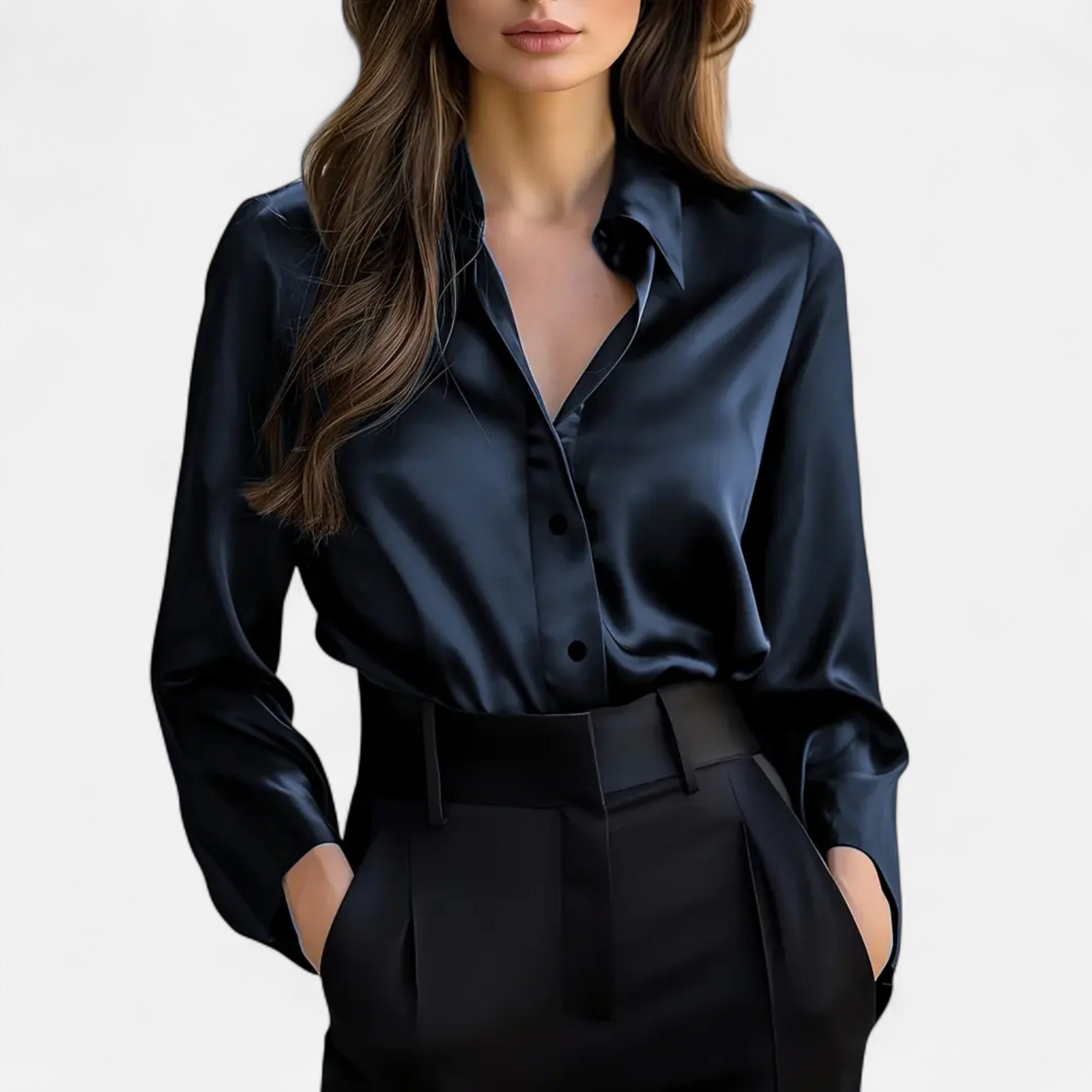 Damen - Langärmelige Satinbluse - Eleganter Stil -  vielseitige Bluse für jeden Anlass