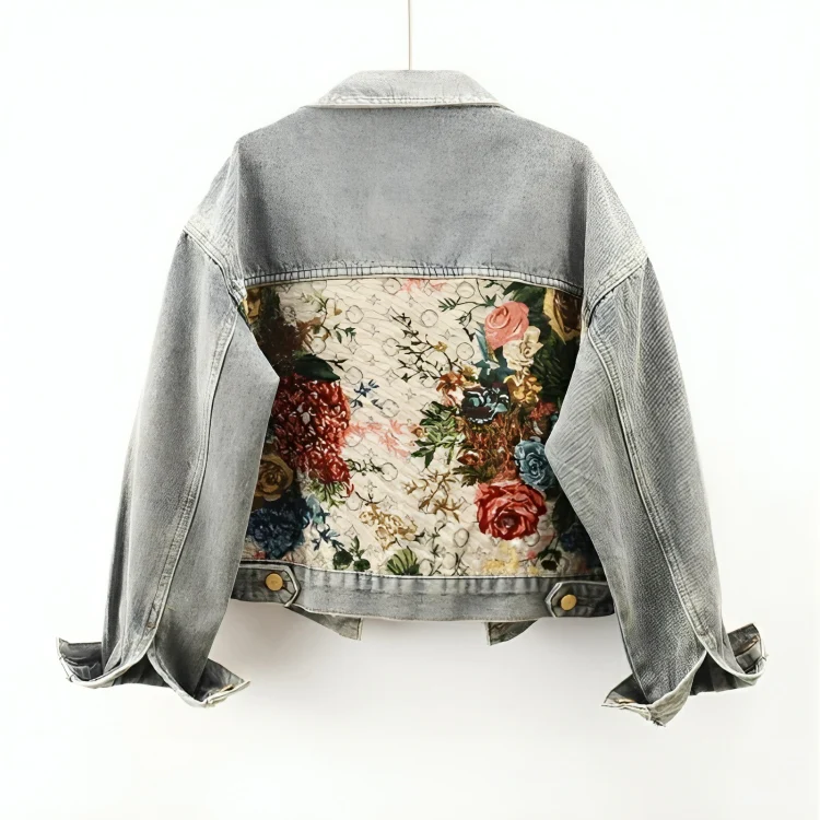 Damen - Denim Jacke mit Blumenmuster - Baumwolle - Handbemalte Vintage - Einzigartiger Stil für mühelosen Chic