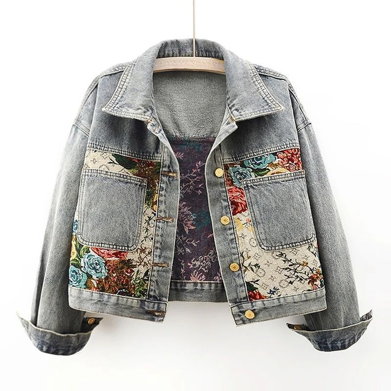 Damen - Denim Jacke mit Blumenmuster - Baumwolle - Handbemalte Vintage - Einzigartiger Stil für mühelosen Chic
