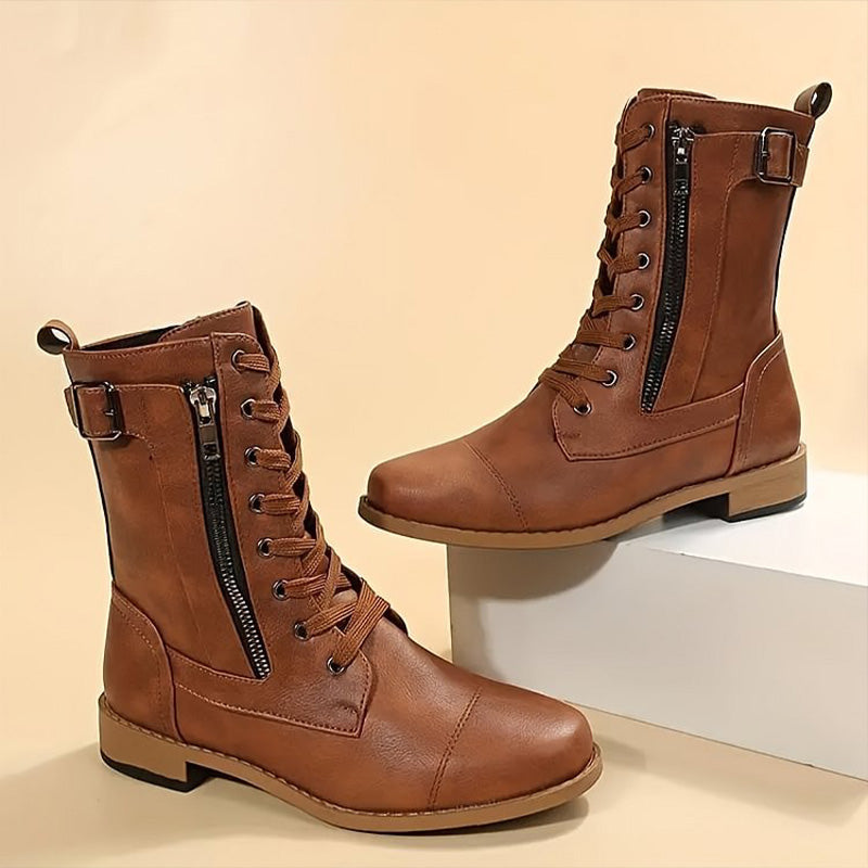 Damen - Mid-Calf Schnürstiefel - Reißverschluss & Schnalle - Stilvolle Stiefel für jeden Anlass