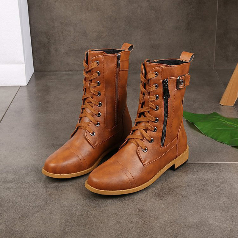 Damen - Mid-Calf Schnürstiefel - Reißverschluss & Schnalle - Stilvolle Stiefel für jeden Anlass