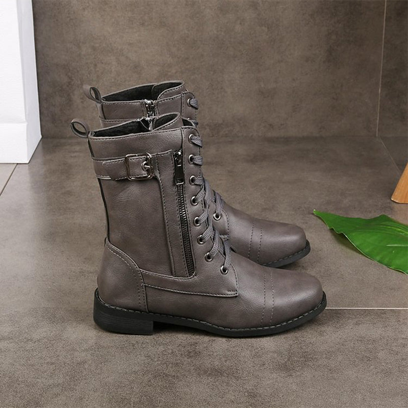 Damen - Mid-Calf Schnürstiefel - Reißverschluss & Schnalle - Stilvolle Stiefel für jeden Anlass