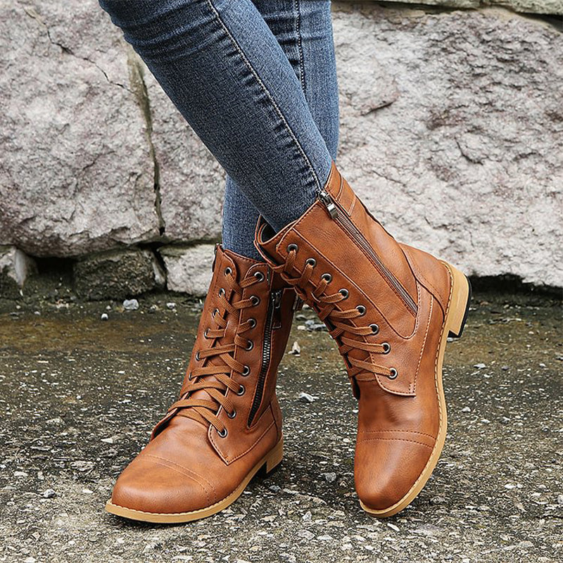 Damen - Mid-Calf Schnürstiefel - Reißverschluss & Schnalle - Stilvolle Stiefel für jeden Anlass