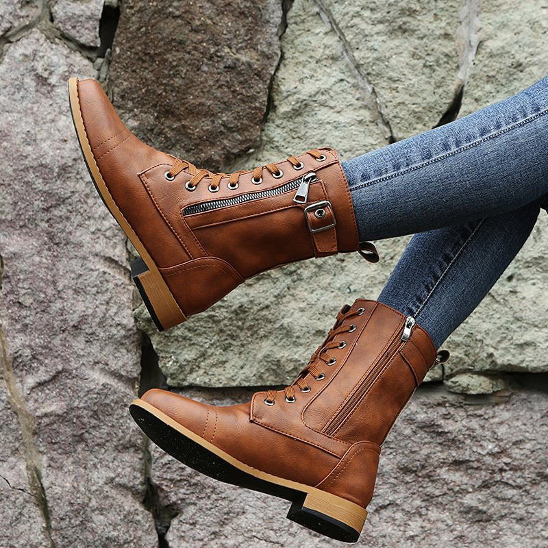 Damen - Mid-Calf Schnürstiefel - Reißverschluss & Schnalle - Stilvolle Stiefel für jeden Anlass
