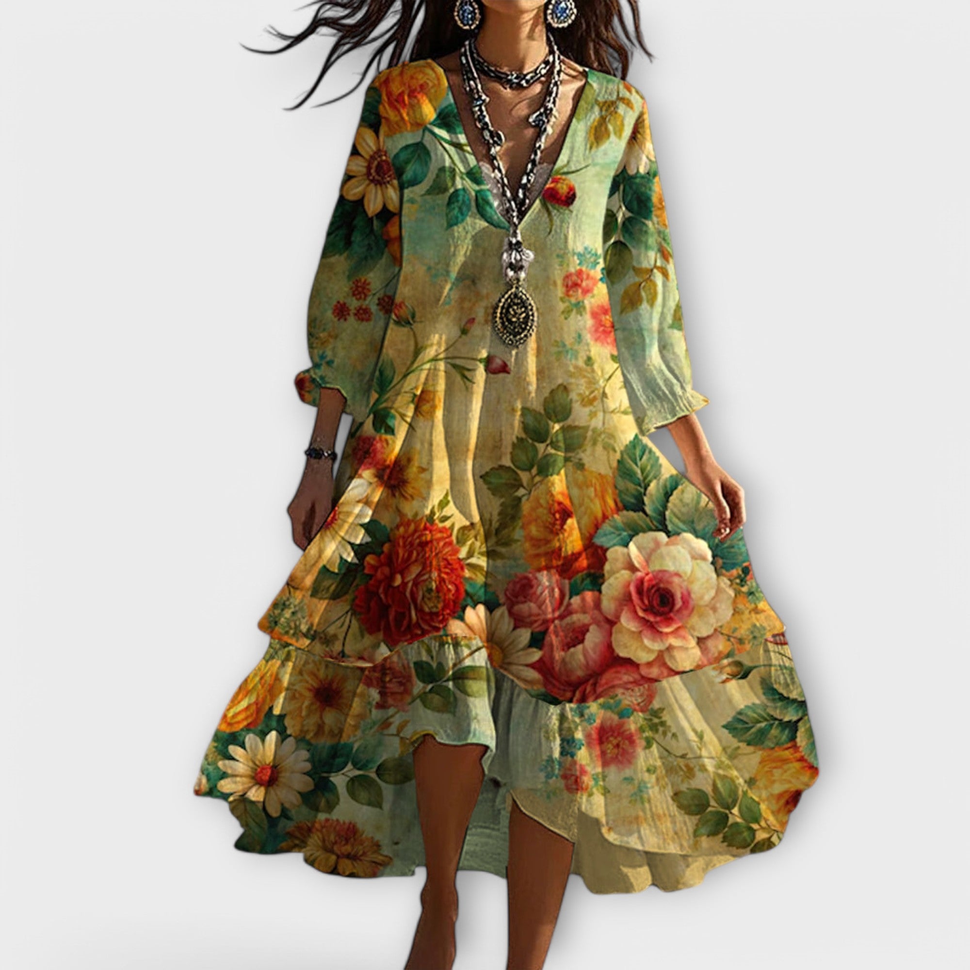 Damen - Boho Blumen V-Ausschnitt Kleid - Baumwollmischung - Leichtes, luftiges Design - Ideal für den Sommer