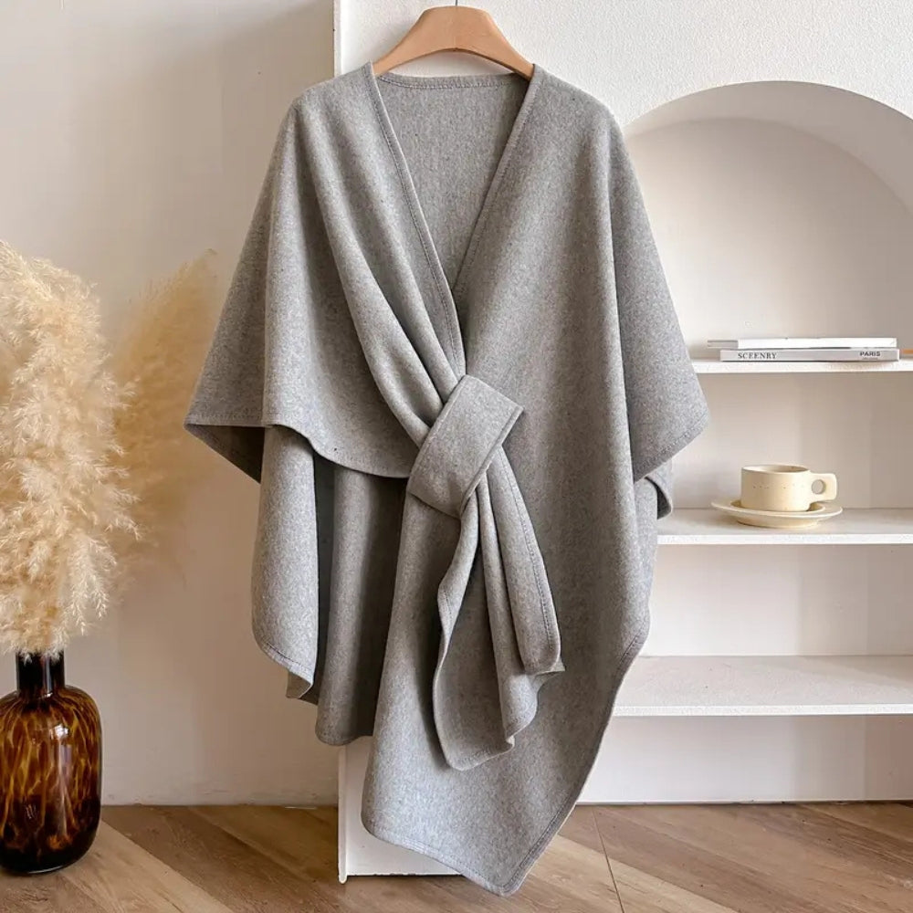 Damen - Drapierter Poncho-Mantel mit Taillenband - Woll - Stilvoller Winter-Look