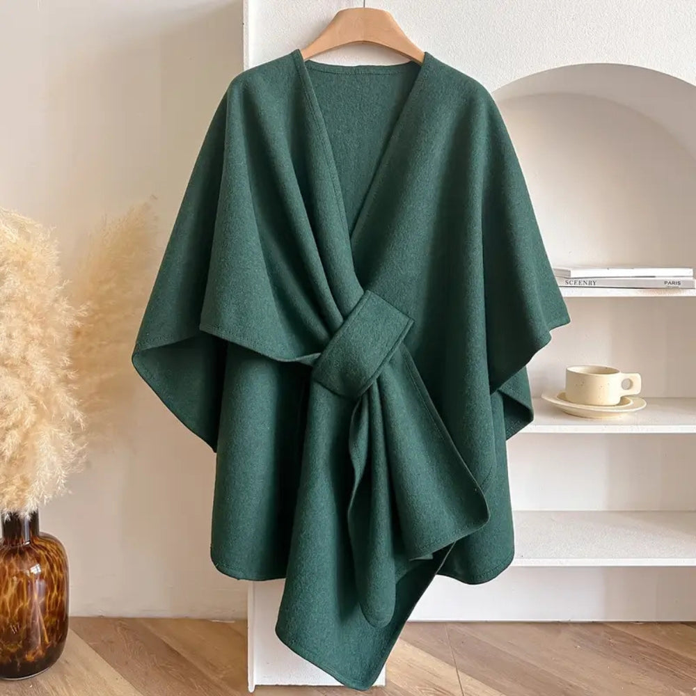 Damen - Drapierter Poncho-Mantel mit Taillenband - Woll - Stilvoller Winter-Look