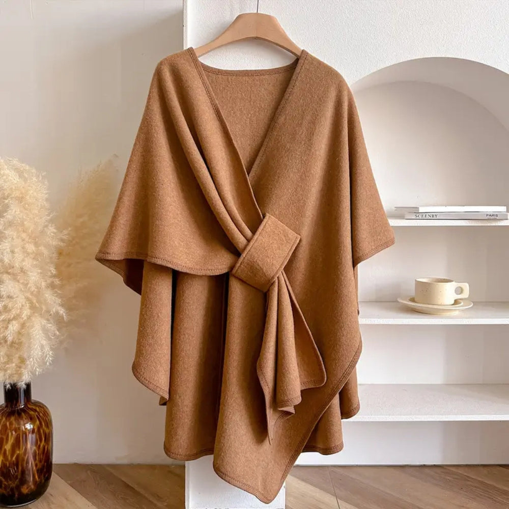 Damen - Drapierter Poncho-Mantel mit Taillenband - Woll - Stilvoller Winter-Look