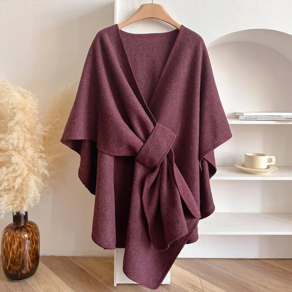 Damen - Drapierter Poncho-Mantel mit Taillenband - Woll - Stilvoller Winter-Look