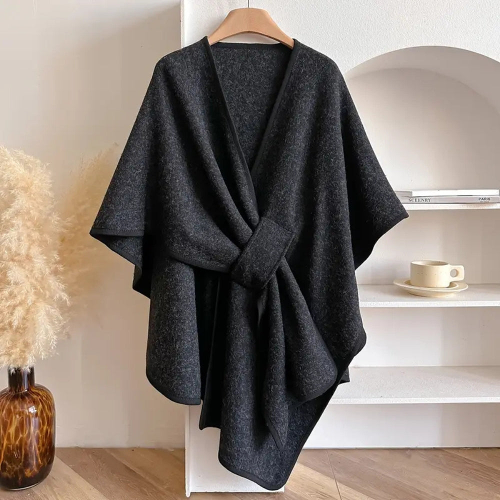 Damen - Drapierter Poncho-Mantel mit Taillenband - Woll - Stilvoller Winter-Look