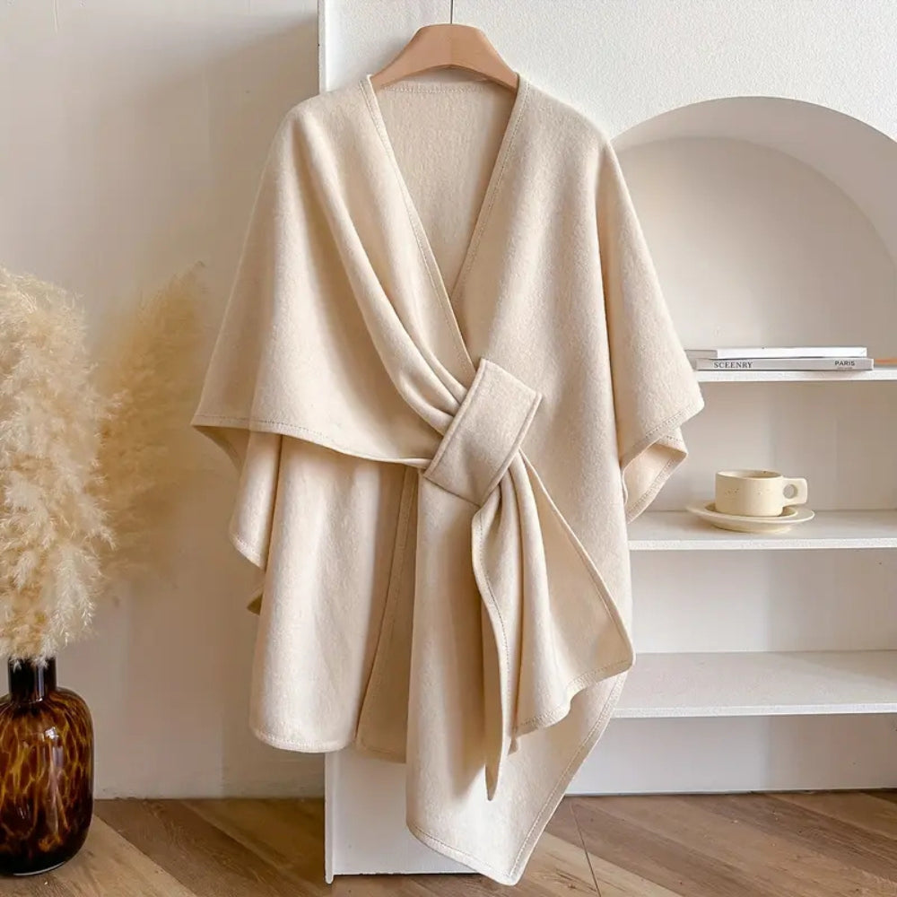 Damen - Drapierter Poncho-Mantel mit Taillenband - Woll - Stilvoller Winter-Look